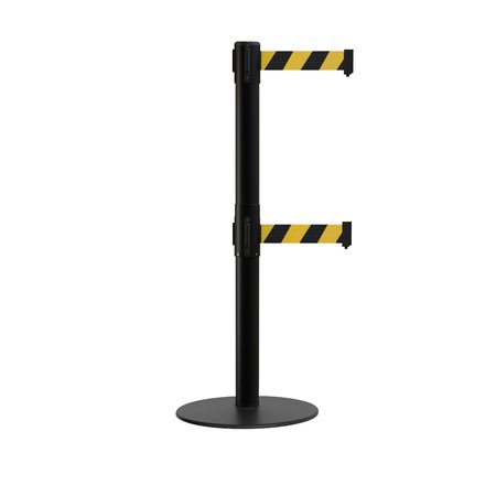 MONTOUR LINE Stanchion Dual Belt Barrier Flat Base Black Post 13ft. Blk/Yel Belt MX630D-BK-BYD-130